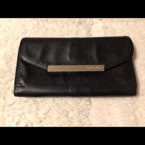 B. Makowsky Black Leather Long Wallet Clutch with Animal Print Lining